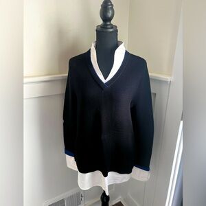 Foxcroft Tunic Sweater ~ Black Ribbed w/Blue Trim, White layered shirt ~ Small